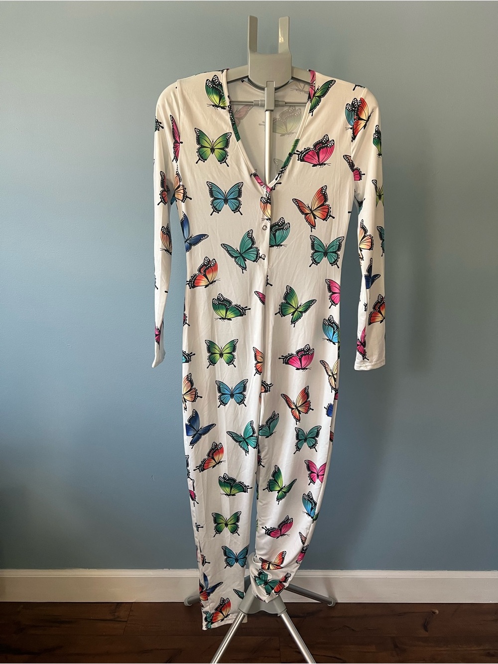 White Butterfly Print One-Piece Jumpsuit/Pajama - Picture 3 of 7
